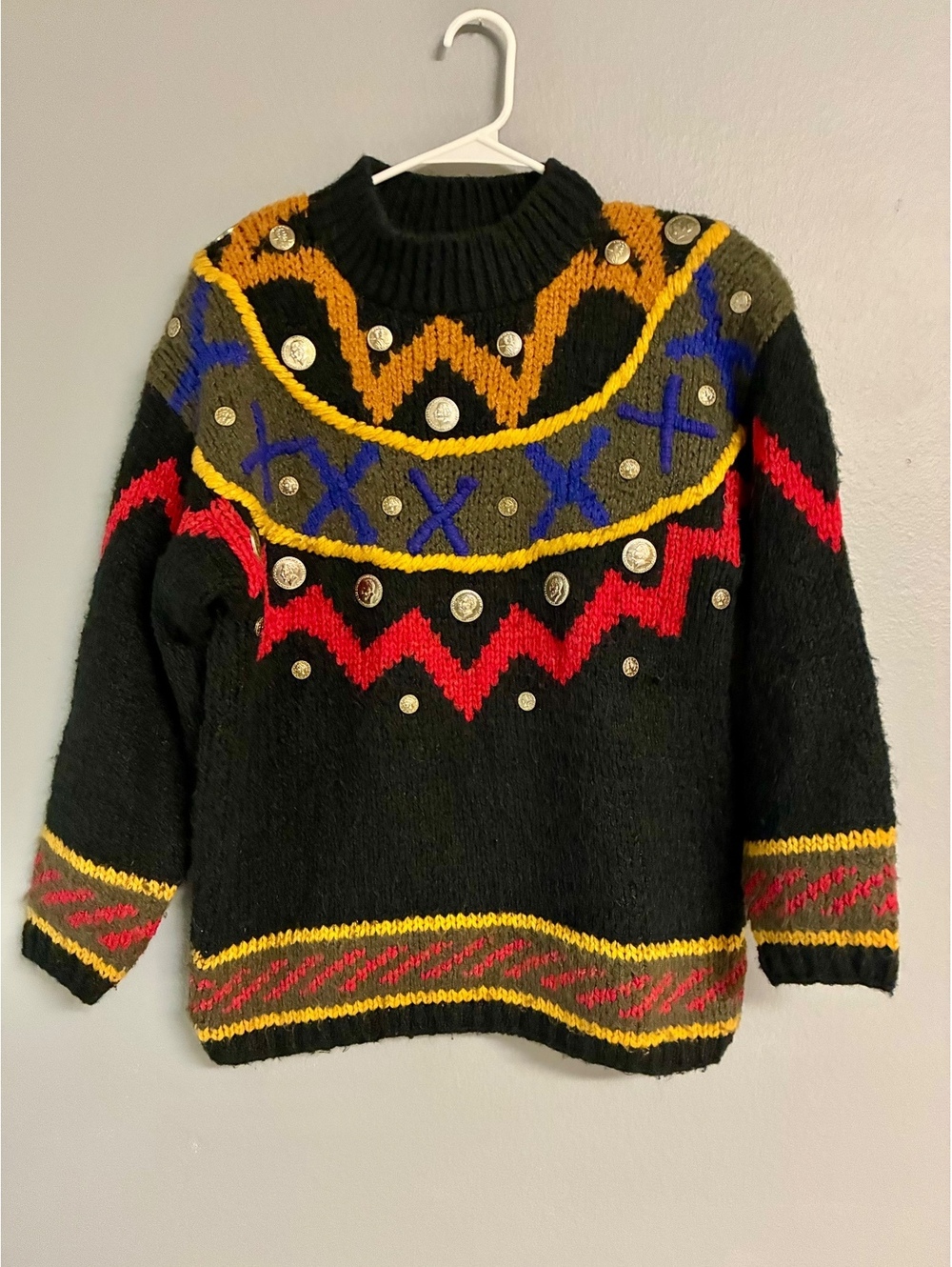 Vintage Kitty Hawk by Vivian Wang Chunky Knit Coin Sweater Size S Fair Isle
